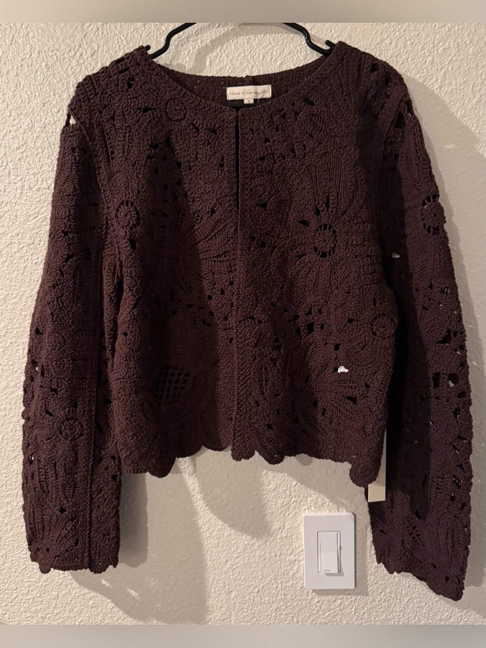 NWT House of Harlow 1960 Dark Brown Crochet Openwork Cardigan